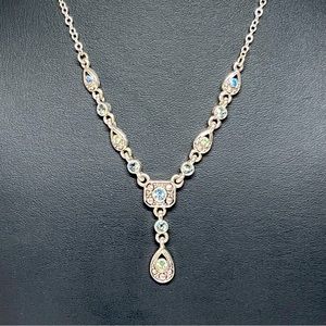 VTG Y Drop Teardrop Crystal Silver Tone Necklace 16"